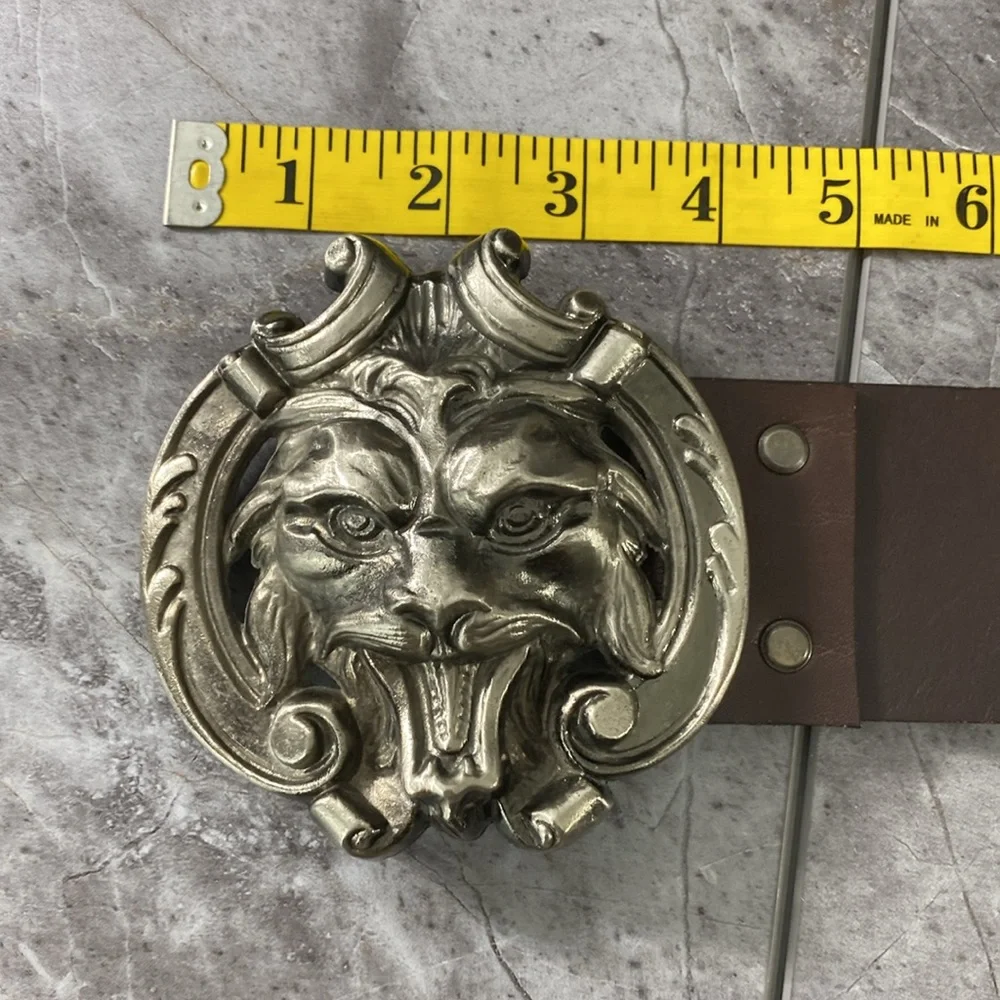 Vintage J.S.S. Elche Belt Face Brown Silver Leather‎ Large Metal Buckle Dragon